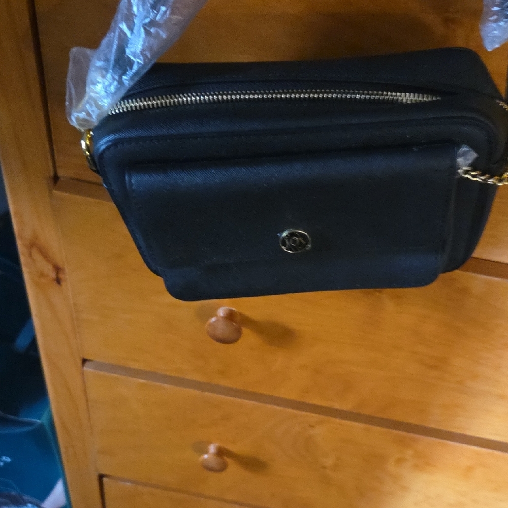 Black Crossbody Camera Bag with Gold Hardware